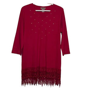 Isaacs Designs Casuals Women's Red Rhinestone Embroidered‎ Hem Line Top Size L